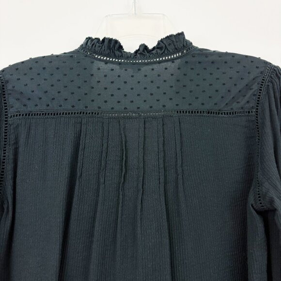 Quince Organic Textured Cotton Peasant Blouse Size S Black Long Sleeve Button Up - Picture 6 of 11